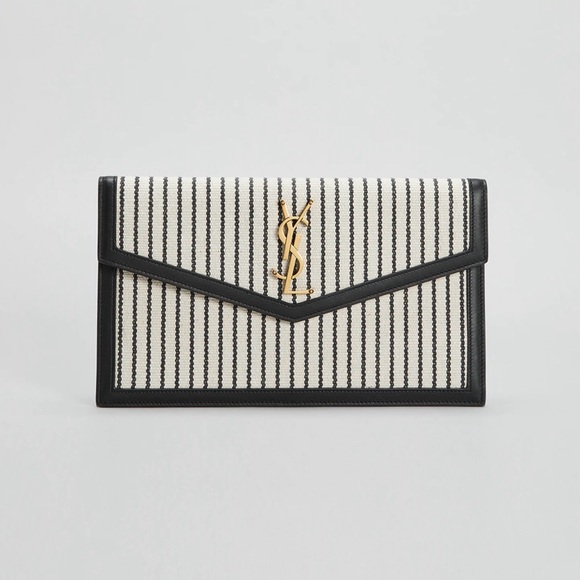 Yves Saint Laurent Uptown Canvas Striped Clutch Cream Black YSL Gold Hardware - Picture 9 of 14